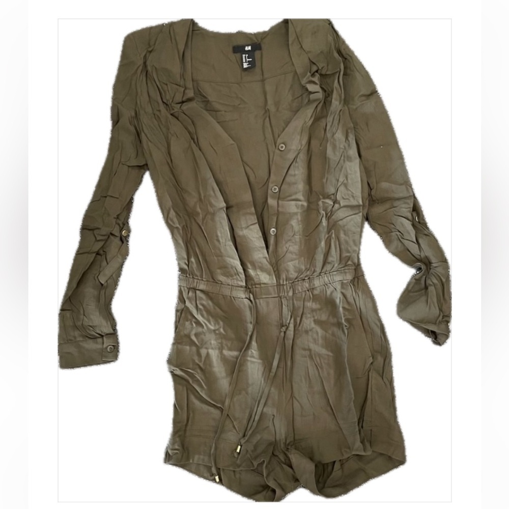 H AND M olive green long sleeve button down romper